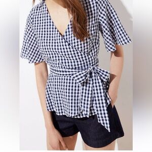 Loft 100% Cotton Navy White Gingham Wrap Short Sleeve Blouse Size Large